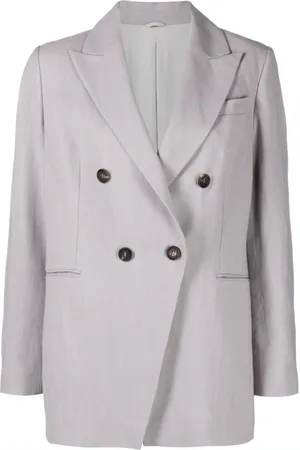 Brunello Cucinelli Jassen, Dames, Grijs, M, Linnen, Lichtgrijze Linnen-Zijde Mix Double-Breasted Blazer