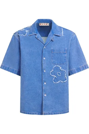 Marni Overhemden, Heren, Blauw, L, Denim, Blauw Bloemen Geborduurde Denim Overhemd