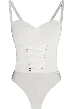 Elisabetta Franchi Tops, Dames, Wit, XS, Polyester, Stretch Crepe Body met Gekruiste Linten