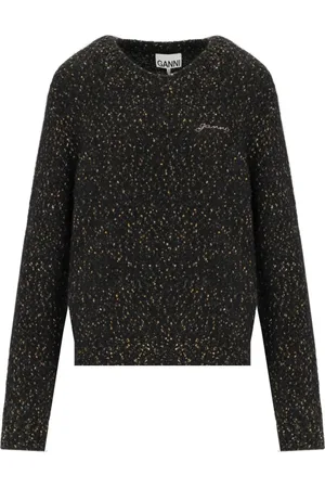 Ganni Truien, Dames, Zwart, S, Katoen, Zwarte Crewneck Trui met Gestippeld Patroon