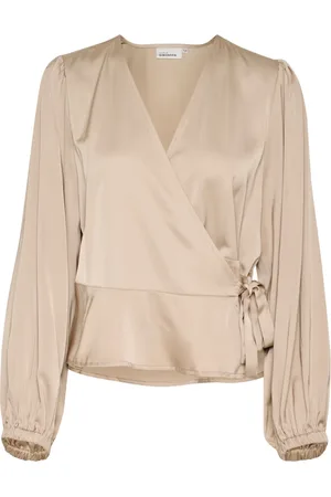Karen by Simonsen Blouses & Shirts, Dames, , M, Elegante Taupe Blouse met Pofmouwen