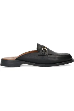 Manfield Schoenen, Dames, Zwart, 38 EU, Leer, Zwarte leren muiltjes met gouden gesp