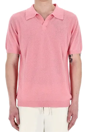 Roberto Collina Tops, Heren, Roze, L, Roze Polo Shirt Lichtgewicht Spons Stof
