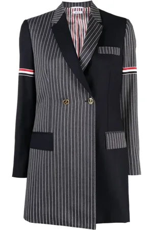 Thom Browne Jassen, Dames, Blauw, M, Wol, Blauwe Logo Jas met Asymmetrisch Design