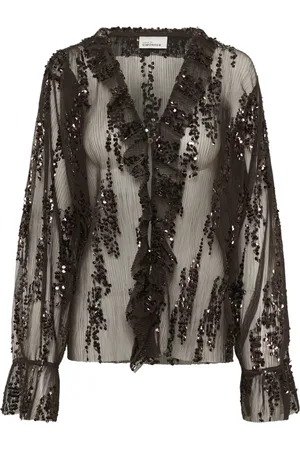Karen by Simonsen Blouses & Shirts, Dames, Zwart, L, Pailletten, Mesh Blouse met Pailletten en Ruches