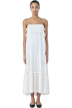 Chloé Kleedjes, Dames, Wit, M, Charmeuse Maxi Jurk met Kantinzetten