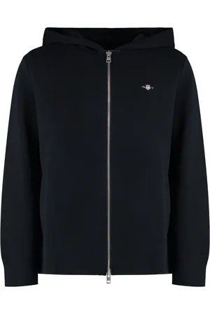 GANT Sweatshirts & Hoodies, Heren, Zwart, M, Katoen, Katoenen Hoodie met Volledige Rits en Zakken