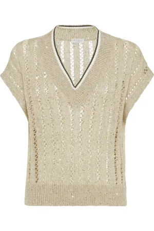 Brunello Cucinelli Truien, Dames, , M, Linnen, Sequin Trui V-Hals Schitterend Breisel
