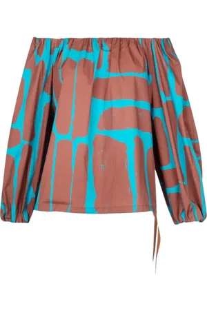 LIVIANA CONTI Blouses & Shirts, Dames, Blauw, M, Katoen, Poplin Boatneck Blouse met Elastiek en Ruches