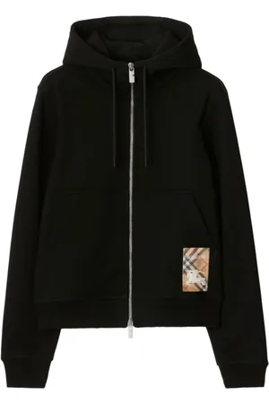 Burberry Sweatshirts & Hoodies, Dames, Zwart, L, Katoen, Check Label Zip-Up Hoodie met trekkoord