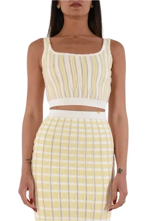 Elisabetta Franchi Tops, Dames, Geel, XL, Polyester, Gerimpelde Viscose Top met Wijde Halslijn