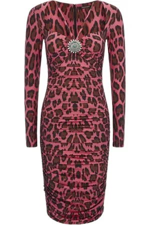 Roberto Cavalli Kleedjes, Dames, Roze, M, Luipaardprint Midi Jurk Fuchsia Vrouwelijk