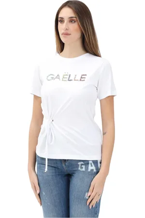 GAËLLE Tops, Dames, Wit, XS, Wit T-shirt met Multicolor Strass Logo