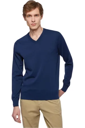 Brooks Brothers Truien, Heren, Blauw, S, Katoen, Blauwe katoenen trui met V-hals