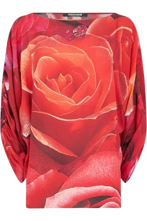 Roberto Cavalli Tops, Dames, Rood, L, Trui met verzamelde mouwen en rozenprint