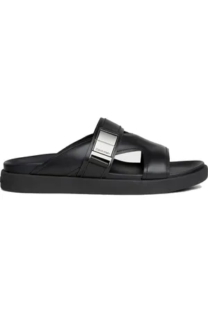 Calvin Klein Schoenen, Heren, Zwart, 42 EU, Leer, Iconische Zwarte Plaque Slippers