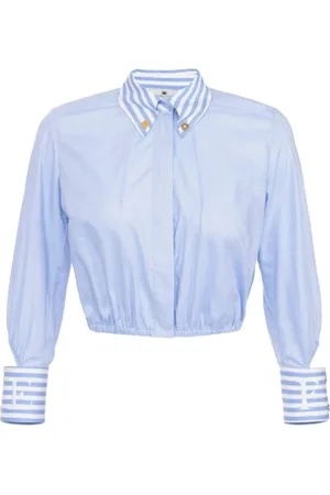 Elisabetta Franchi Blouses & Shirts, Dames, Blauw, L, Katoen, Gestreepte Cropped Blouse met Metalen Knopen