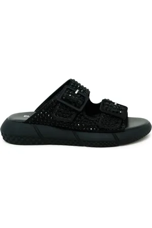 Elena Iachi Schoenen, Dames, Zwart, 40 EU, Leer, Zwarte leren platte sandalen met Swarovski