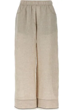 Brunello Cucinelli Broeken, Dames, , S, Linnen, Wijde Pijpen Linnen Natuurlijke Broek