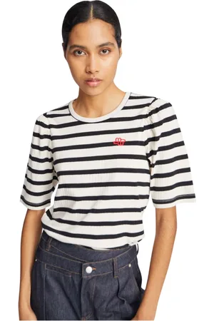 Munthe Tops, Dames, Zwart, XS, Katoen, Gestreept T-shirt met Pofmouw