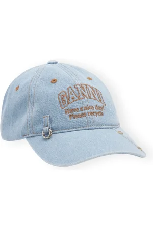 Ganni Accessoires, Dames, Blauw, ONE Size, Denim, Denim Cap met Zilveren Oogjes Detail