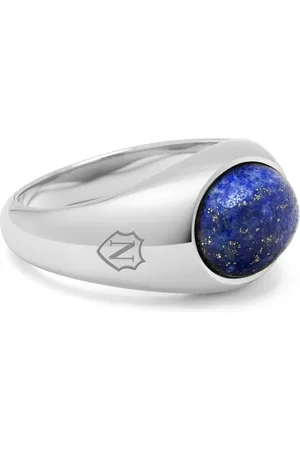 Nialaya Accessoires, Heren, Grijs, 62 MM, Zilveren ovale zegelring met blauwe lapis