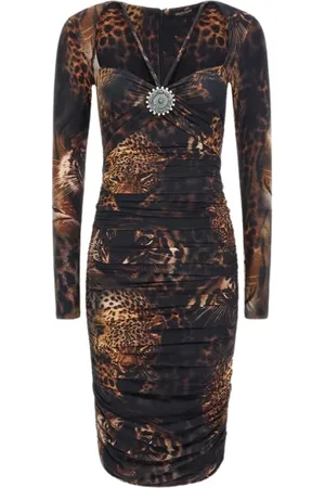 Roberto Cavalli Kleedjes, Dames, Bruin, L, Midi jurk met Jaguar print