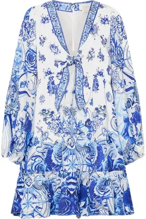 Camilla Kleedjes, Dames, Blauw, S, Blauw Patroon Mini Jurk met Strik