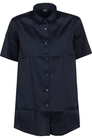 FAY Blouses & Shirts, Dames, Blauw, L, Katoen, Overhemd met Korte Mouwen en Knopen
