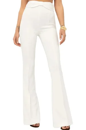 Elisabetta Franchi Broeken, Dames, Wit, M, Satijn, Uitlopende Broek met Strikpatroon