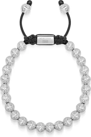 Nialaya Accessoires, Heren, Grijs, XL, Nylon, Mini Kralenarmband met Sterling Zilveren Kralen