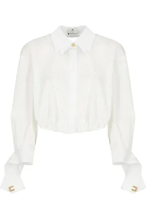 Elisabetta Franchi Blouses & Shirts, Dames, Wit, M, Katoen, Witte katoenmix blouse met strass