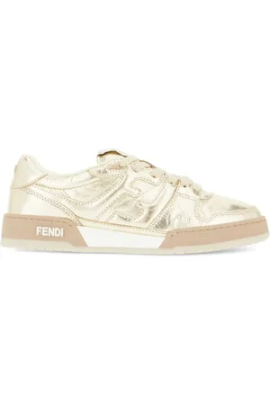 Fendi Schoenen, Dames, Geel, 39 EU, Leer, Gouden Sneakers met Veters en Logo