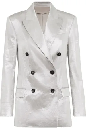 Brunello Cucinelli Jassen, Dames, Grijs, S, Linnen, Metallic Linnenmix Blazer