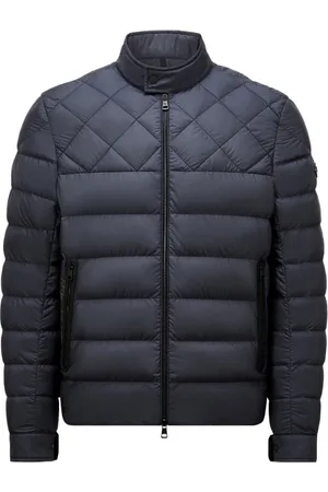 Moncler Jassen, Heren, Blauw, XL, Nylon, Navy leren bikerjack met afwerking