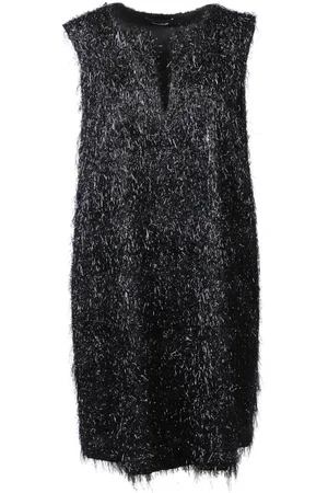 Fabiana Filippi Kleedjes, Dames, Zwart, S, Polyester, Metallic Jurk met Franjes en V-hals