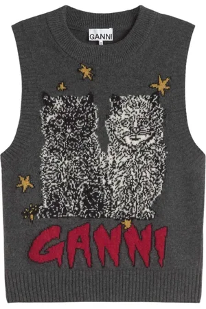 Ganni Truien, Dames, Veelkleurig, M, Graphic Cats Vest