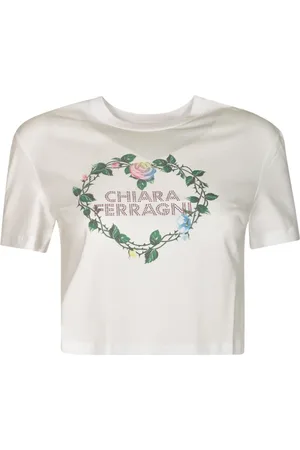 Chiara Ferragni Tops, Dames, Wit, L, Katoen, T-shirt met logo-applicatie en cropped model