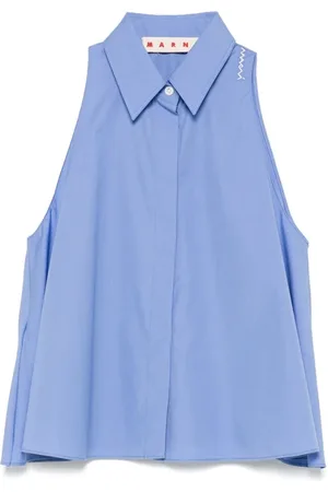 Marni Blouses & Shirts, Dames, Blauw, S, Katoen, Mouwloze Geborduurde Blouse