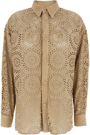 ELEVENTY Blouses & Shirts, Dames, , S, Suède, Klassiek overhemd met geperforeerde kraag