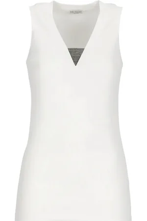 Brunello Cucinelli Tops, Dames, Wit, L, Mouwloze Top met Diamantgeslepen Messing Details