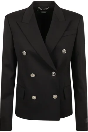 VERSACE Jassen, Dames, Zwart, S, Wol, Zwarte Wol Grain De Poudre Jas