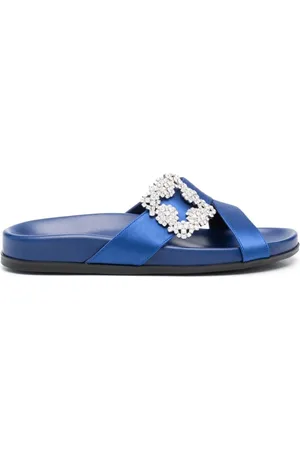 Manolo Blahnik Schoenen, Dames, Blauw, 36 EU, Satijn, Platte sandalen