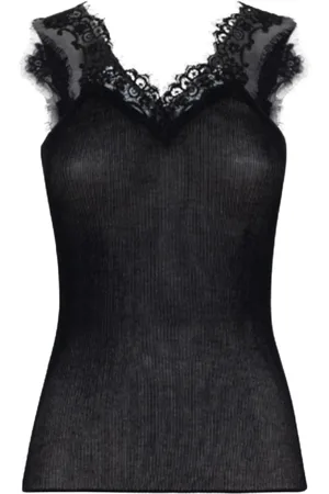 Blugirl Tops, Dames, Zwart, M, Katoen, Zwarte Kant V-Hals Geribbelde Top