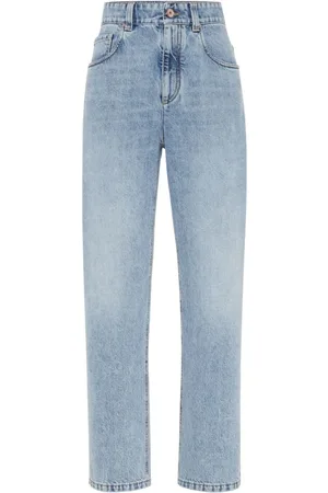 Brunello Cucinelli Jeans, Dames, Blauw, S, Denim, Blauwe Distressed Jeans met Monil Ketting