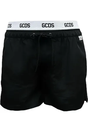 GCDS Badkleding, Heren, Zwart, L, Polyester, Zwarte Boxershorts met Witte Elastische Tailleband en Logo Belettering