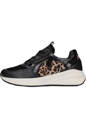 Gabor Schoenen, Dames, Zwart, 35 EU, Leer, Zwarte Low-Top Sneakers met Panterprint