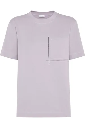 Brunello Cucinelli Tops, Dames, Paars, M, Katoen, Lila Paarse T-shirt met Ronde Hals en Borstzak