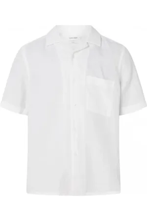 Calvin Klein Overhemden, Heren, Wit, XS, Katoen, Linnen Katoen Cuban Short Sleeve Shirt