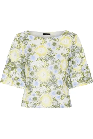 Bruuns Bazaar Tops, Dames, Veelkleurig, S, Katoen, Gebloemde blouse met boothals en borduursel